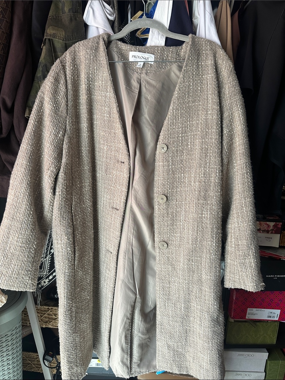 Prologue Taupe Bouclé Button-Front Long Coat